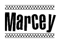 The clipart image displays the text Marcey in a bold, stylized font. It is enclosed in a rectangular border with a checkerboard pattern running below and above the text, similar to a finish line in racing. 