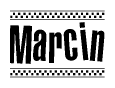 The clipart image displays the text Marcin in a bold, stylized font. It is enclosed in a rectangular border with a checkerboard pattern running below and above the text, similar to a finish line in racing. 