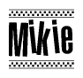 The image contains the text Mikie in a bold, stylized font, with a checkered flag pattern bordering the top and bottom of the text.