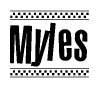 The image contains the text Myles in a bold, stylized font, with a checkered flag pattern bordering the top and bottom of the text.