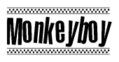 The image contains the text Monkeyboy in a bold, stylized font, with a checkered flag pattern bordering the top and bottom of the text.