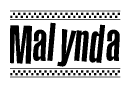 The image contains the text Malynda in a bold, stylized font, with a checkered flag pattern bordering the top and bottom of the text.