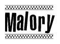 The image contains the text Malory in a bold, stylized font, with a checkered flag pattern bordering the top and bottom of the text.