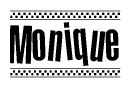 The image contains the text Monique in a bold, stylized font, with a checkered flag pattern bordering the top and bottom of the text.