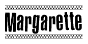 The image contains the text Margarette in a bold, stylized font, with a checkered flag pattern bordering the top and bottom of the text.