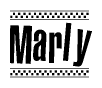 The clipart image displays the text Marly in a bold, stylized font. It is enclosed in a rectangular border with a checkerboard pattern running below and above the text, similar to a finish line in racing. 