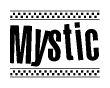 The image contains the text Mystic in a bold, stylized font, with a checkered flag pattern bordering the top and bottom of the text.