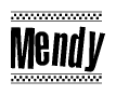 The image contains the text Mendy in a bold, stylized font, with a checkered flag pattern bordering the top and bottom of the text.