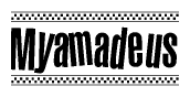 The clipart image displays the text Myamadeus in a bold, stylized font. It is enclosed in a rectangular border with a checkerboard pattern running below and above the text, similar to a finish line in racing. 