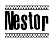 The clipart image displays the text Nestor in a bold, stylized font. It is enclosed in a rectangular border with a checkerboard pattern running below and above the text, similar to a finish line in racing. 