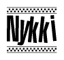 The image contains the text Nykki in a bold, stylized font, with a checkered flag pattern bordering the top and bottom of the text.