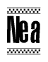 The image contains the text Nea in a bold, stylized font, with a checkered flag pattern bordering the top and bottom of the text.