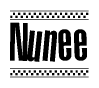 The clipart image displays the text Nunee in a bold, stylized font. It is enclosed in a rectangular border with a checkerboard pattern running below and above the text, similar to a finish line in racing. 