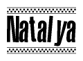 The clipart image displays the text Natalya in a bold, stylized font. It is enclosed in a rectangular border with a checkerboard pattern running below and above the text, similar to a finish line in racing. 
