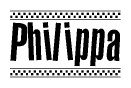 The image contains the text Philippa in a bold, stylized font, with a checkered flag pattern bordering the top and bottom of the text.