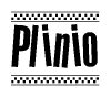 The image contains the text Plinio in a bold, stylized font, with a checkered flag pattern bordering the top and bottom of the text.