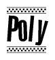 The image contains the text Poly in a bold, stylized font, with a checkered flag pattern bordering the top and bottom of the text.
