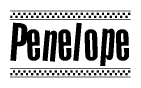 The image contains the text Penelope in a bold, stylized font, with a checkered flag pattern bordering the top and bottom of the text.