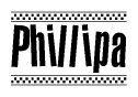 The image is a black and white clipart of the text Phillipa in a bold, italicized font. The text is bordered by a dotted line on the top and bottom, and there are checkered flags positioned at both ends of the text, usually associated with racing or finishing lines.