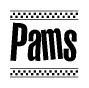 The image contains the text Pams in a bold, stylized font, with a checkered flag pattern bordering the top and bottom of the text.