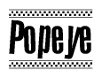 The image contains the text Popeye in a bold, stylized font, with a checkered flag pattern bordering the top and bottom of the text.