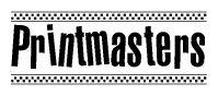 The image is a black and white clipart of the text Printmasters in a bold, italicized font. The text is bordered by a dotted line on the top and bottom, and there are checkered flags positioned at both ends of the text, usually associated with racing or finishing lines.