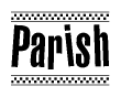 The image contains the text Parish in a bold, stylized font, with a checkered flag pattern bordering the top and bottom of the text.