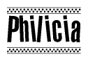 The clipart image displays the text Philicia in a bold, stylized font. It is enclosed in a rectangular border with a checkerboard pattern running below and above the text, similar to a finish line in racing. 