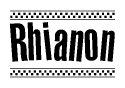 The image contains the text Rhianon in a bold, stylized font, with a checkered flag pattern bordering the top and bottom of the text.