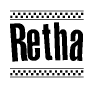 The clipart image displays the text Retha in a bold, stylized font. It is enclosed in a rectangular border with a checkerboard pattern running below and above the text, similar to a finish line in racing. 