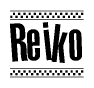 The image is a black and white clipart of the text Reiko in a bold, italicized font. The text is bordered by a dotted line on the top and bottom, and there are checkered flags positioned at both ends of the text, usually associated with racing or finishing lines.
