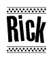The image contains the text Rick in a bold, stylized font, with a checkered flag pattern bordering the top and bottom of the text.