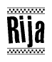 The image contains the text Rija in a bold, stylized font, with a checkered flag pattern bordering the top and bottom of the text.