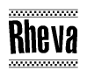 The clipart image displays the text Rheva in a bold, stylized font. It is enclosed in a rectangular border with a checkerboard pattern running below and above the text, similar to a finish line in racing. 