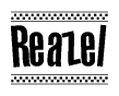 The image is a black and white clipart of the text Reazel in a bold, italicized font. The text is bordered by a dotted line on the top and bottom, and there are checkered flags positioned at both ends of the text, usually associated with racing or finishing lines.