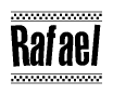 The image contains the text Rafael in a bold, stylized font, with a checkered flag pattern bordering the top and bottom of the text.