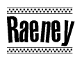 The clipart image displays the text Raeney in a bold, stylized font. It is enclosed in a rectangular border with a checkerboard pattern running below and above the text, similar to a finish line in racing. 