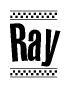 The image contains the text Ray in a bold, stylized font, with a checkered flag pattern bordering the top and bottom of the text.