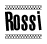 The clipart image displays the text Rossi in a bold, stylized font. It is enclosed in a rectangular border with a checkerboard pattern running below and above the text, similar to a finish line in racing. 