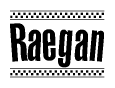 The clipart image displays the text Raegan in a bold, stylized font. It is enclosed in a rectangular border with a checkerboard pattern running below and above the text, similar to a finish line in racing. 