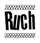 The image contains the text Ruch in a bold, stylized font, with a checkered flag pattern bordering the top and bottom of the text.