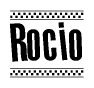 The image is a black and white clipart of the text Rocio in a bold, italicized font. The text is bordered by a dotted line on the top and bottom, and there are checkered flags positioned at both ends of the text, usually associated with racing or finishing lines.