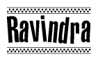 The image contains the text Ravindra in a bold, stylized font, with a checkered flag pattern bordering the top and bottom of the text.
