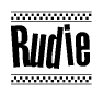 The clipart image displays the text Rudie in a bold, stylized font. It is enclosed in a rectangular border with a checkerboard pattern running below and above the text, similar to a finish line in racing. 