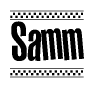 The image is a black and white clipart of the text Samm in a bold, italicized font. The text is bordered by a dotted line on the top and bottom, and there are checkered flags positioned at both ends of the text, usually associated with racing or finishing lines.