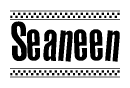 The image contains the text Seaneen in a bold, stylized font, with a checkered flag pattern bordering the top and bottom of the text.