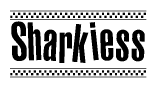 The image contains the text Sharkiess in a bold, stylized font, with a checkered flag pattern bordering the top and bottom of the text.