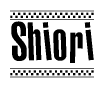 The clipart image displays the text Shiori in a bold, stylized font. It is enclosed in a rectangular border with a checkerboard pattern running below and above the text, similar to a finish line in racing. 