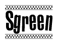 The image is a black and white clipart of the text Sgreen in a bold, italicized font. The text is bordered by a dotted line on the top and bottom, and there are checkered flags positioned at both ends of the text, usually associated with racing or finishing lines.