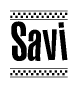 The clipart image displays the text Savi in a bold, stylized font. It is enclosed in a rectangular border with a checkerboard pattern running below and above the text, similar to a finish line in racing. 